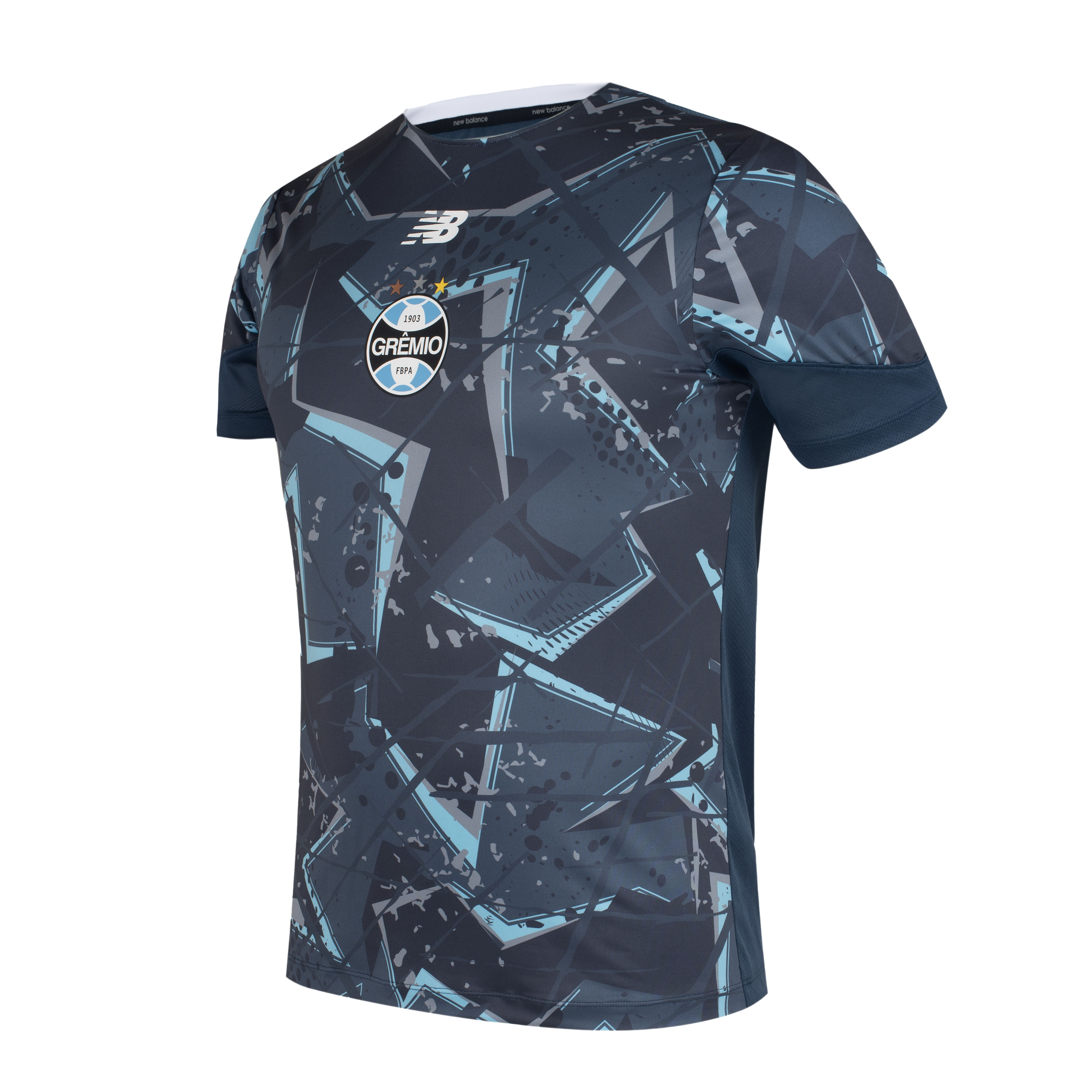 Camisa masculina Grêmio Pré-Jogo New Balance cor marinho vista lateral ajustada
